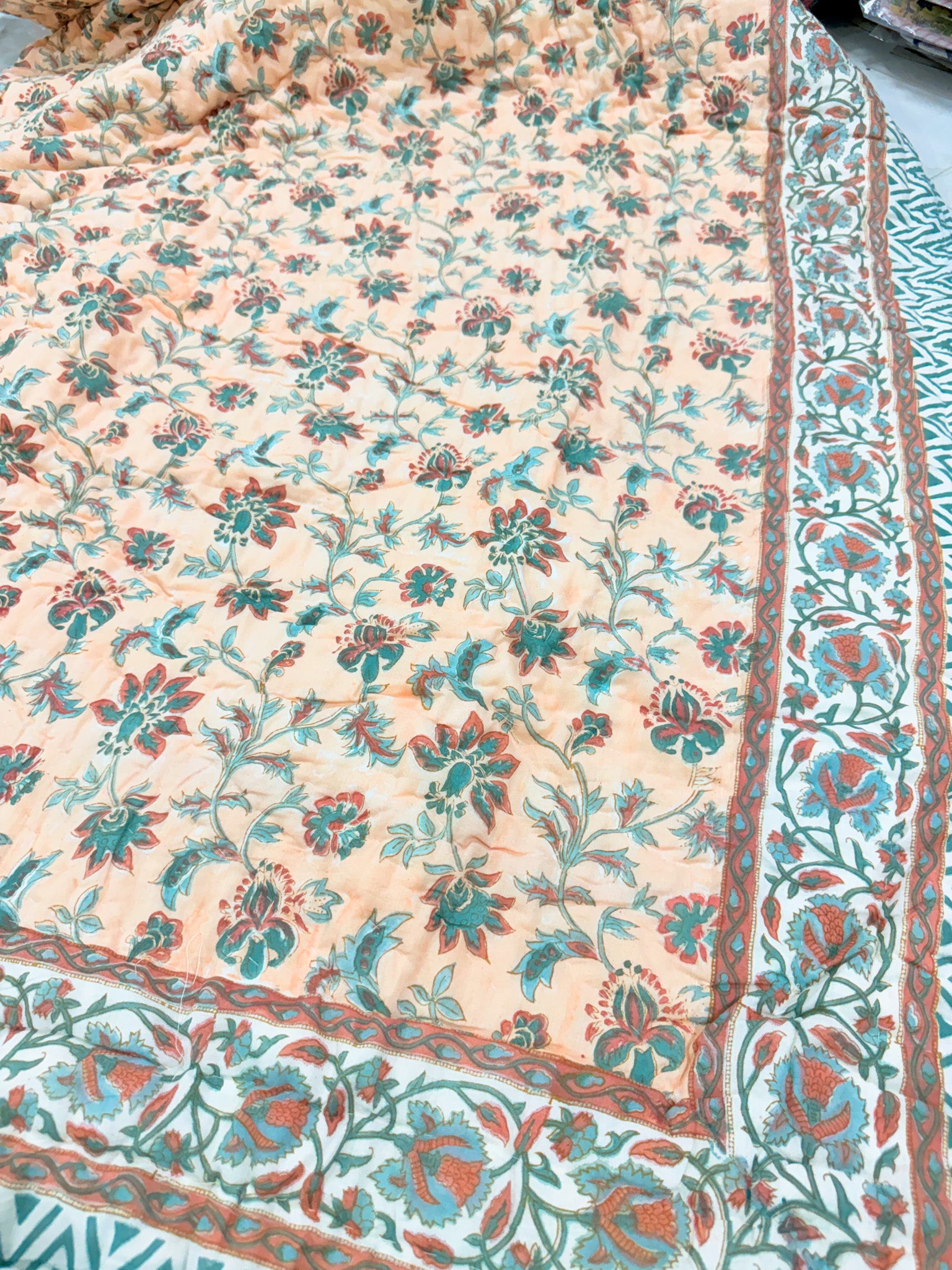 ORA Living Peach Floral Handblock Reversible Pure Mulmul Cotton Quilt floral or motif detail