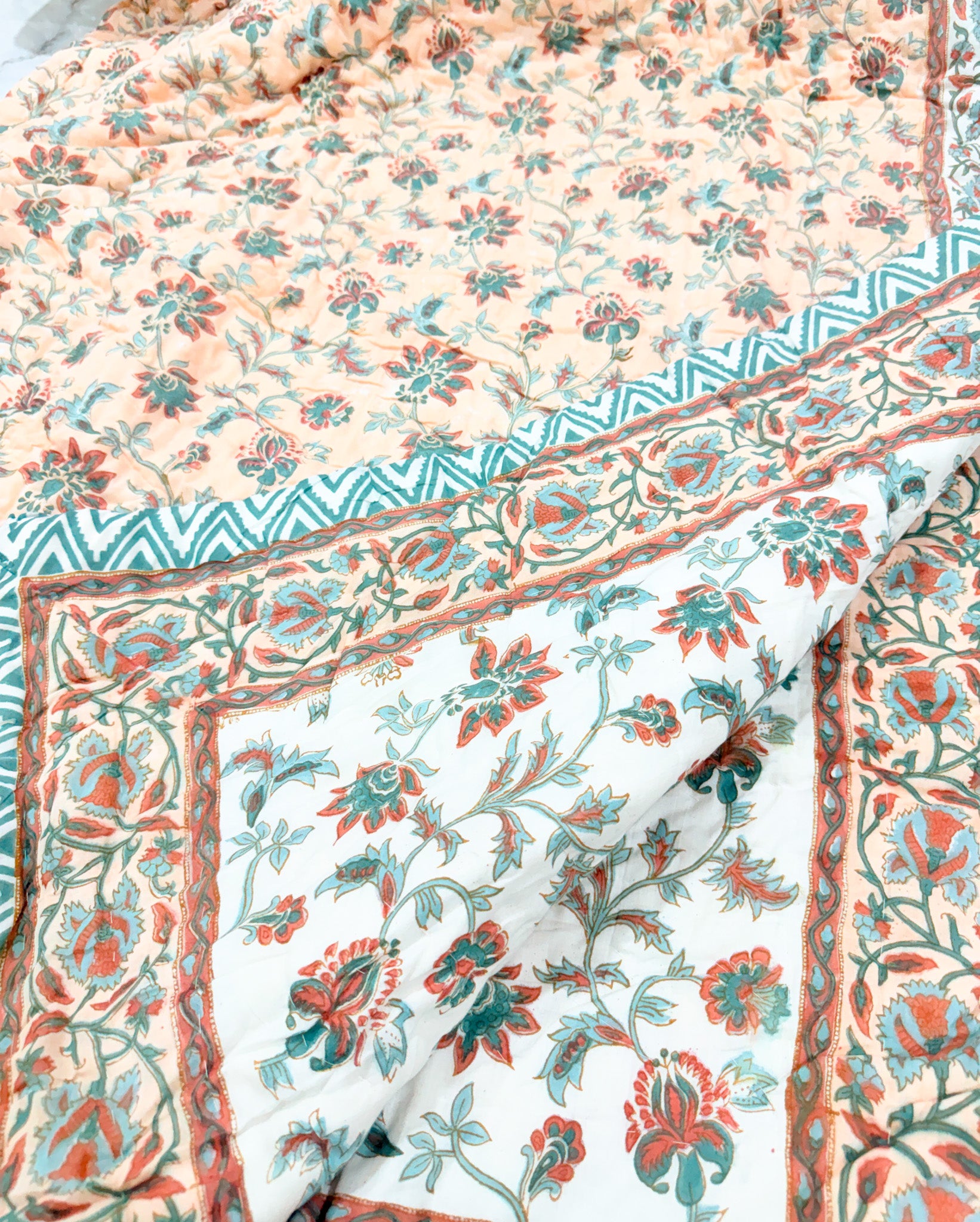 ORA Living Peach Floral Handblock Reversible Pure Mulmul Cotton Quilt reversible print detail