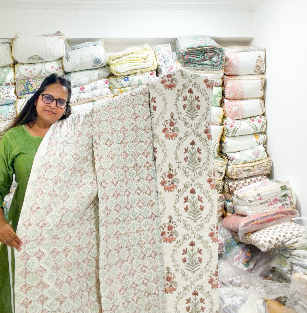 ORA Living Sage and Rust Floral Handblock Reversible Pure Mulmul Cotton Quilt shown with both printed sides