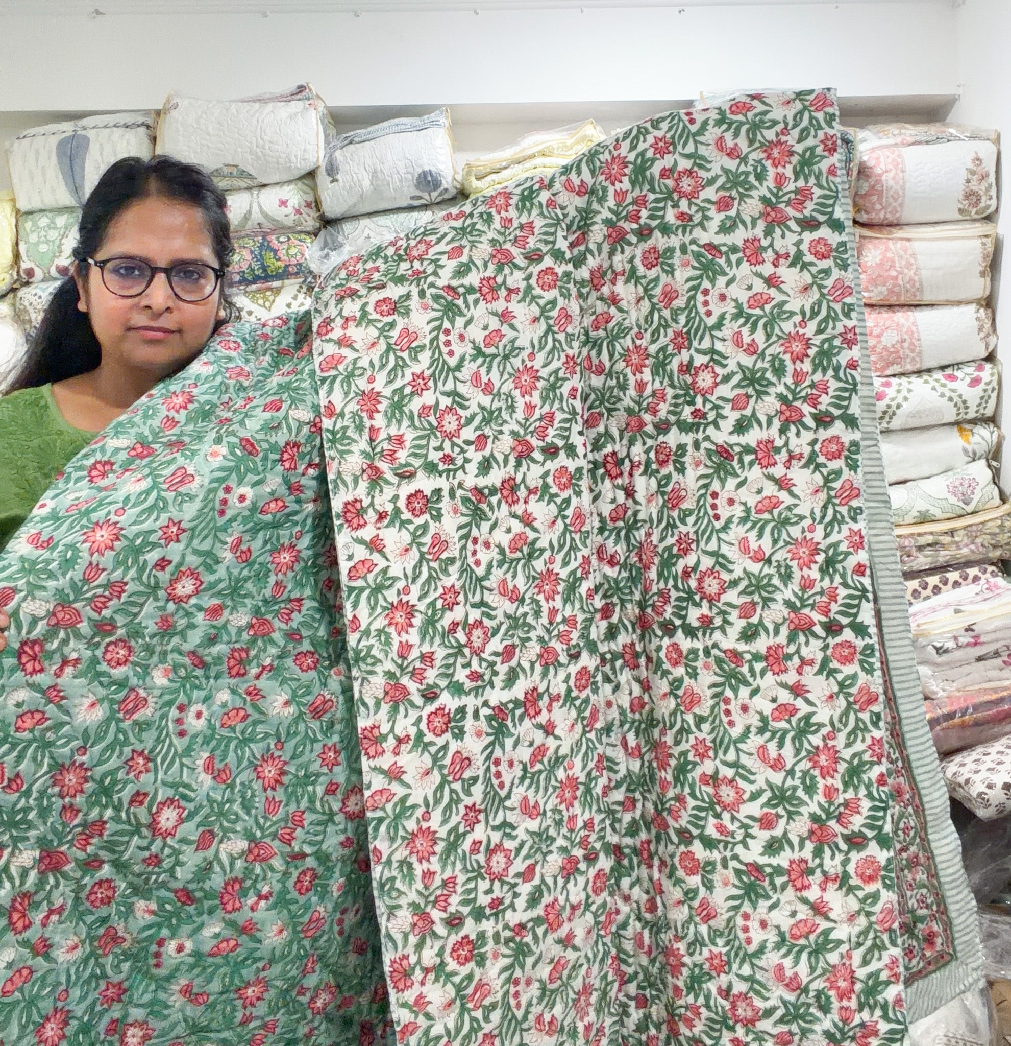 ORA Living Sage Pink Blossom Handblock Reversible Pure Mulmul Cotton Quilt shown with both printed sides