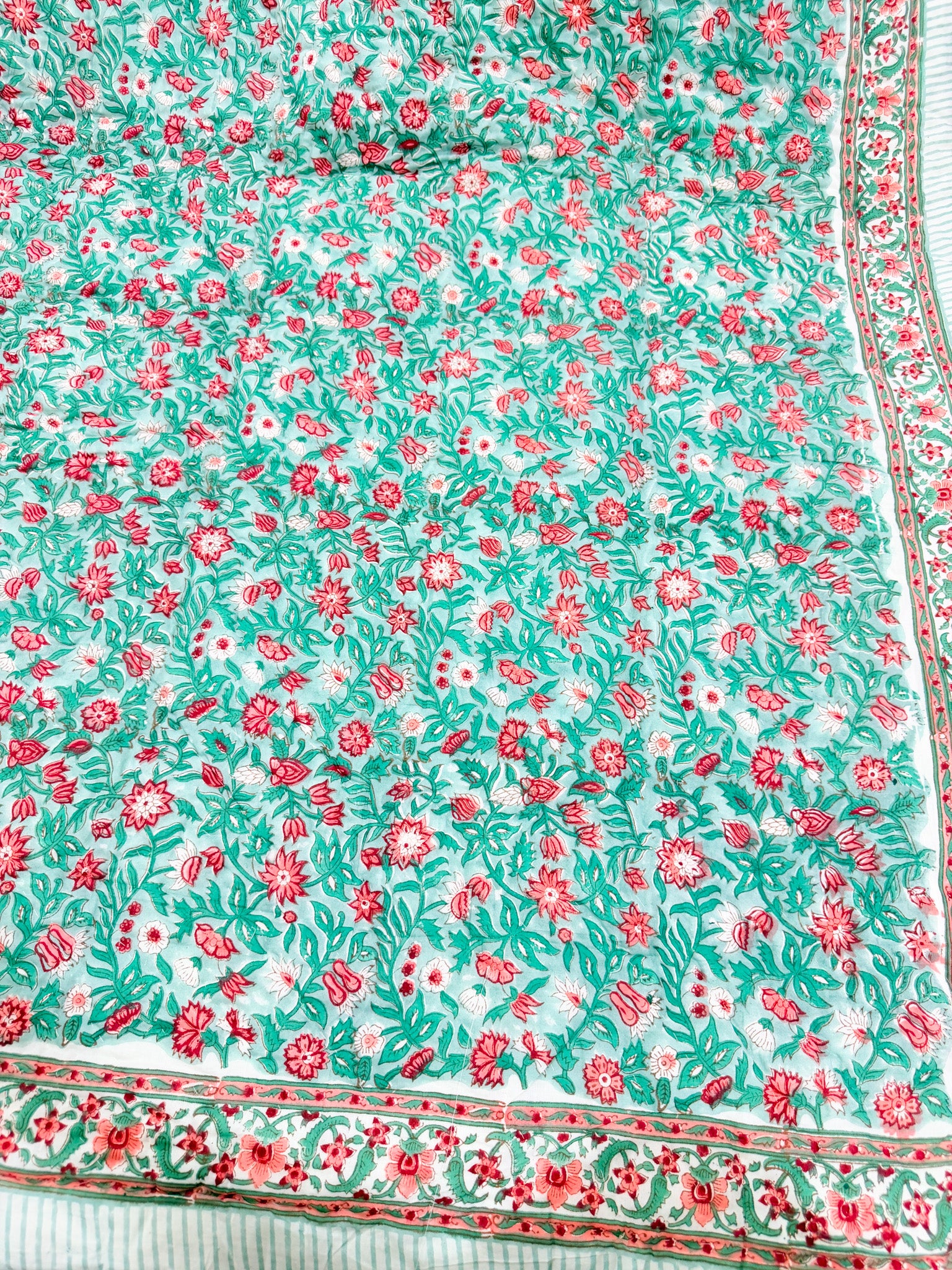ORA Living Sage Pink Blossom Handblock Reversible Pure Mulmul Cotton Quilt floral or motif detail