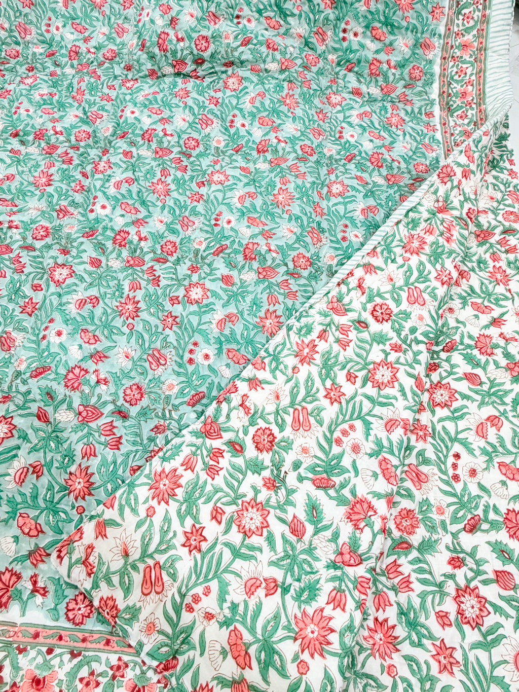 ORA Living Sage Pink Blossom Handblock Reversible Pure Mulmul Cotton Quilt reversible print detail