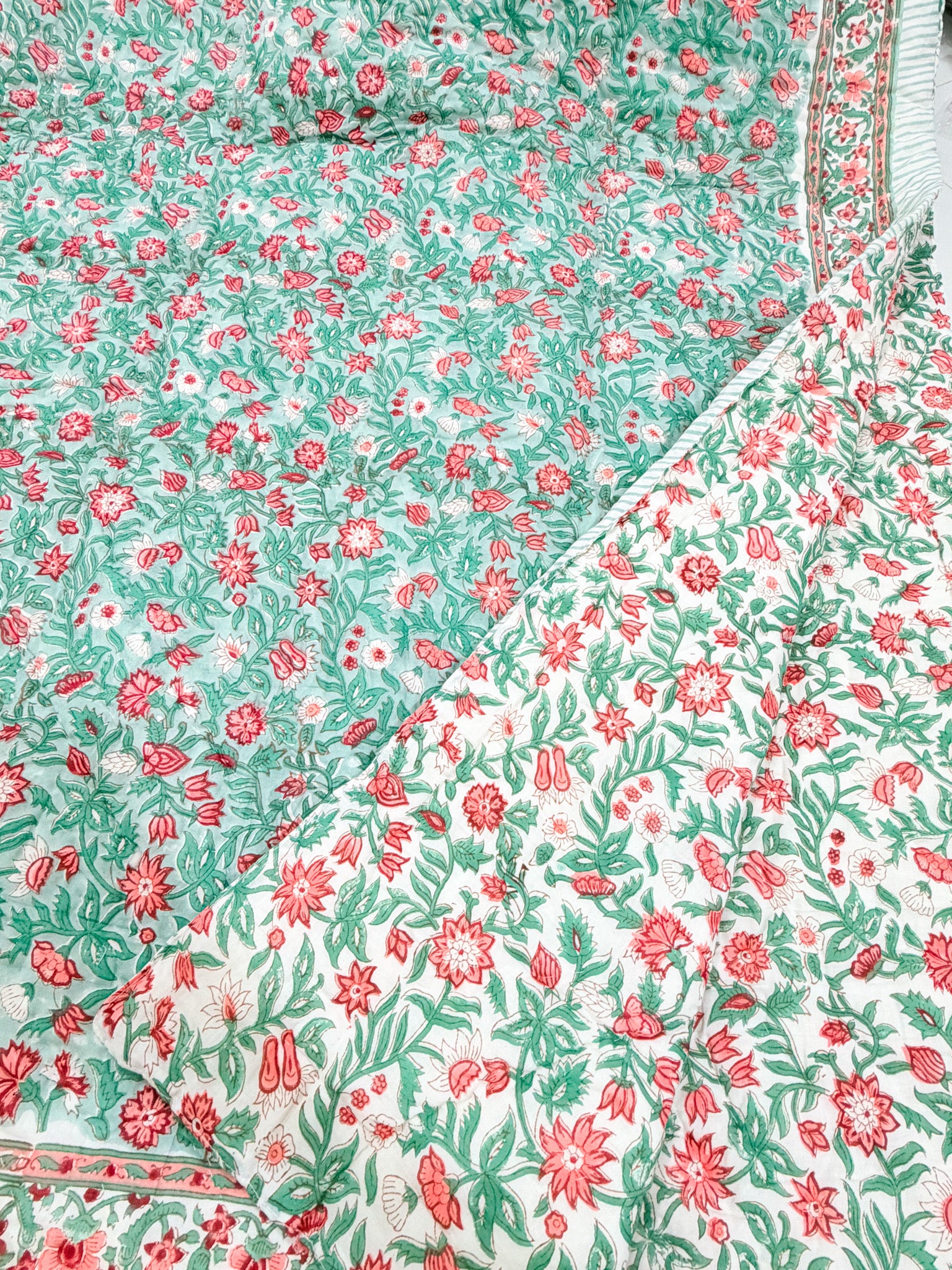 ORA Living Sage Pink Blossom Handblock Reversible Pure Mulmul Cotton Quilt reversible print detail