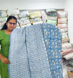 ORA Living Violet White Floral Handblock Reversible Pure Mulmul Cotton Quilt shown with both printed sides