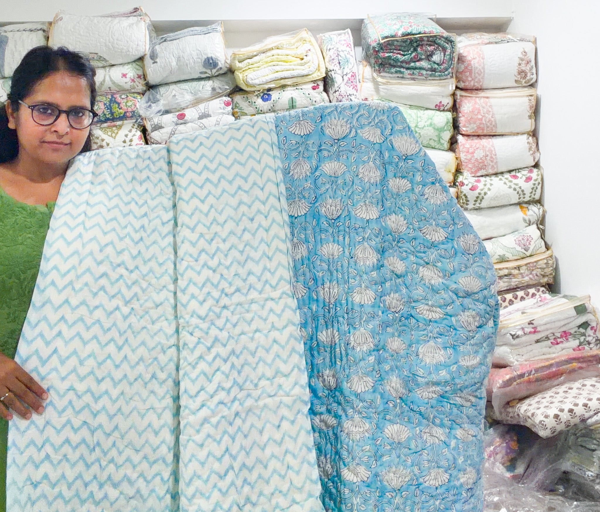 ORA Living Sky Blue White Floral Handblock Reversible Pure Mulmul Cotton Quilt shown with both printed sides