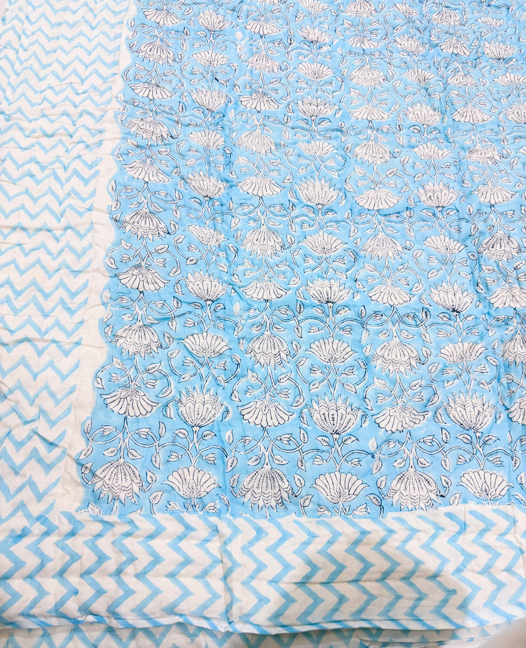 ORA Living Sky Blue White Floral Handblock Reversible Pure Mulmul Cotton Quilt floral or motif detail