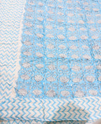 ORA Living Sky Blue White Floral Handblock Reversible Pure Mulmul Cotton Quilt floral or motif detail