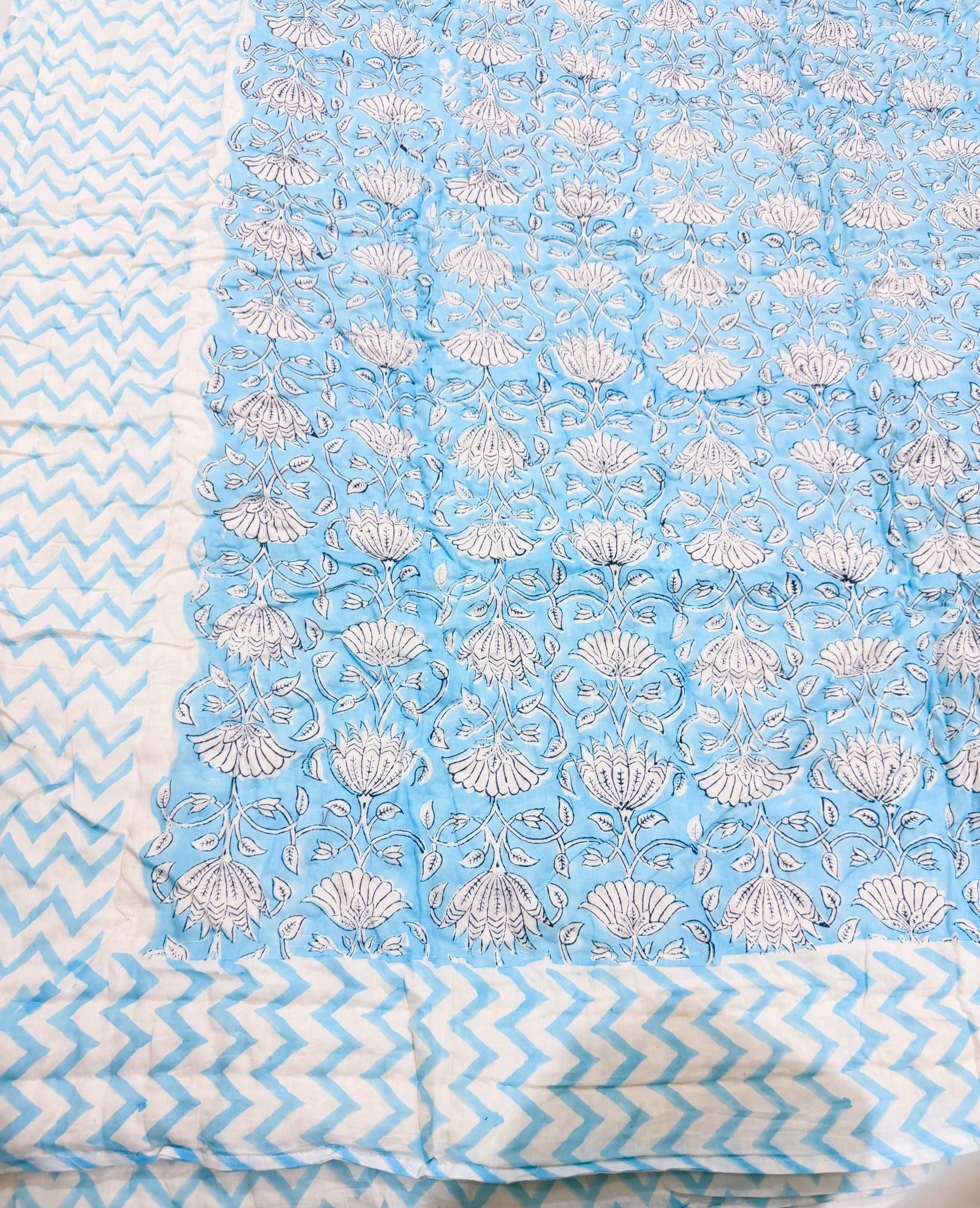ORA Living Sky Blue White Floral Handblock Reversible Pure Mulmul Cotton Quilt floral or motif detail