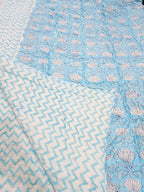 ORA Living Sky Blue White Floral Handblock Reversible Pure Mulmul Cotton Quilt reversible print detail