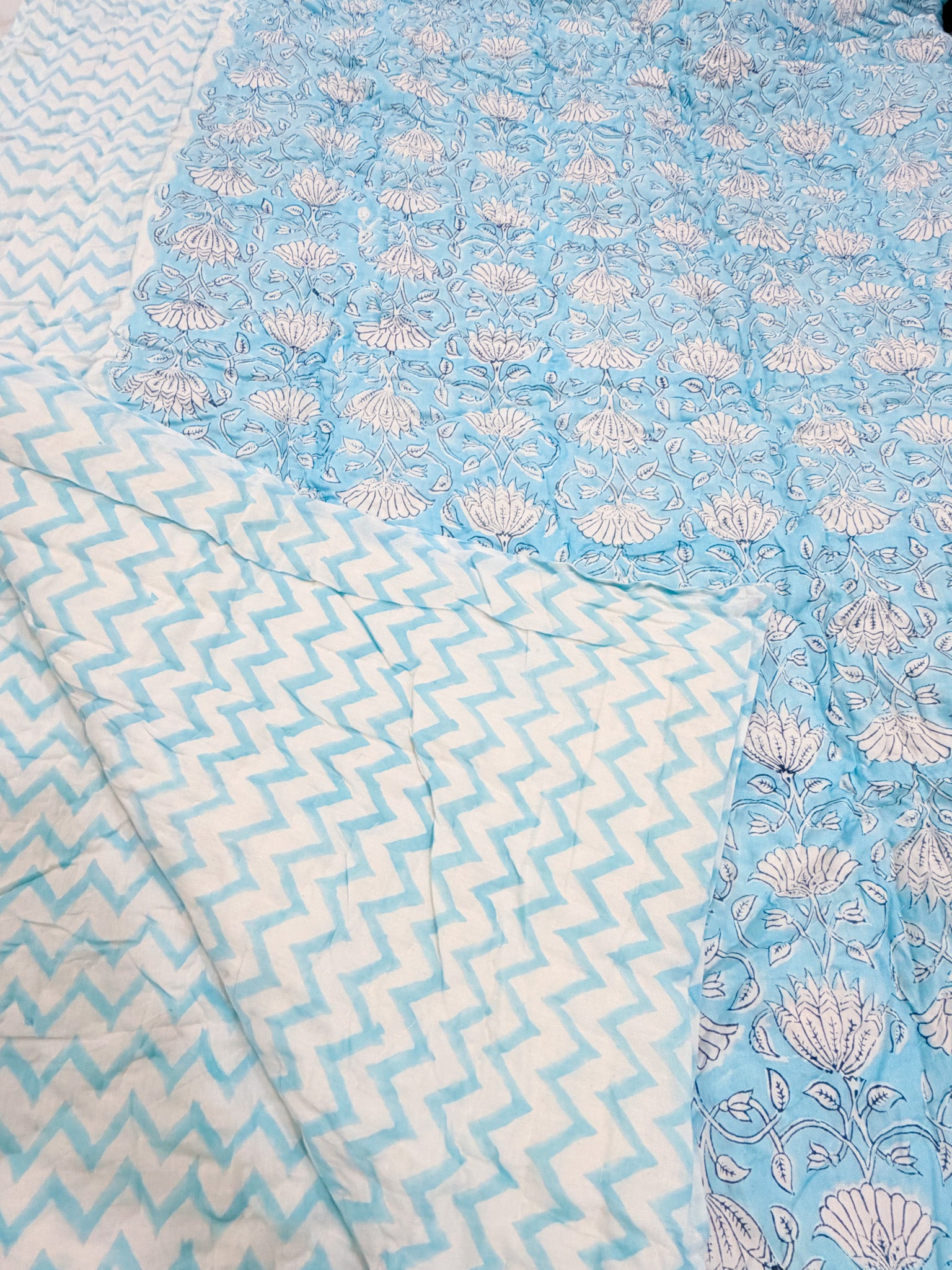 ORA Living Sky Blue White Floral Handblock Reversible Pure Mulmul Cotton Quilt reversible print detail