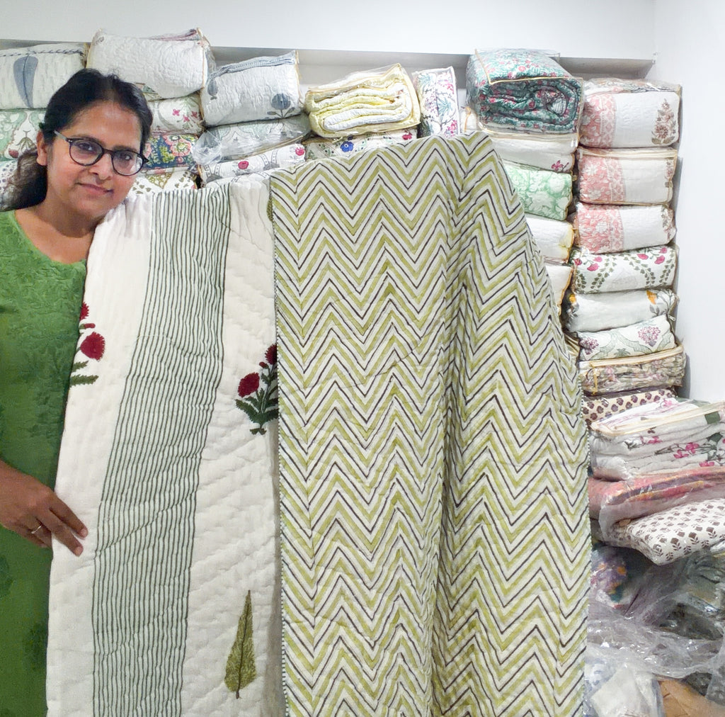 ORA Living Red Poppy Stripe Handblock Reversible Pure Mulmul Cotton Quilt shown with both printed sides