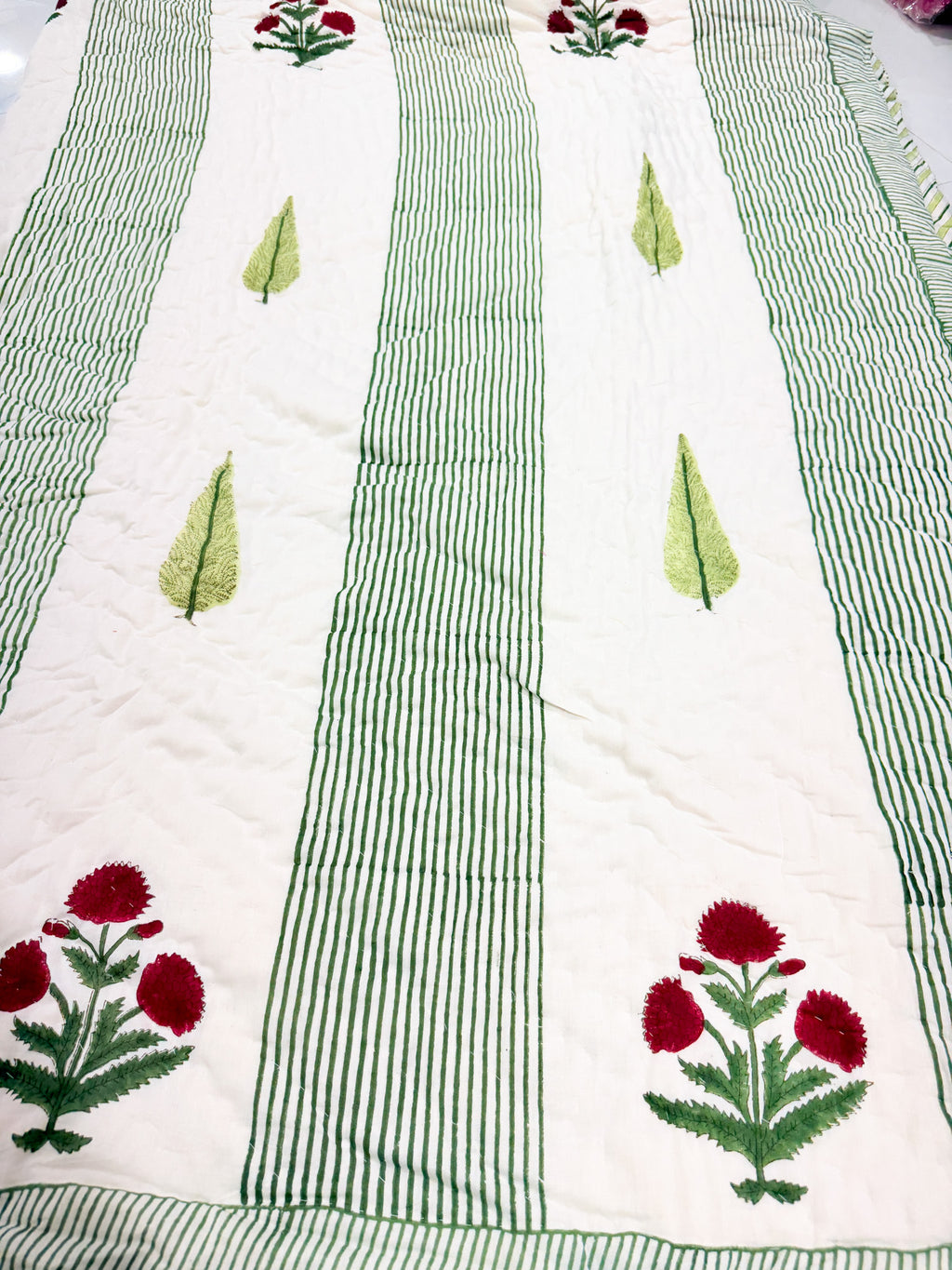 ORA Living Red Poppy Stripe Handblock Reversible Pure Mulmul Cotton Quilt floral or motif detail