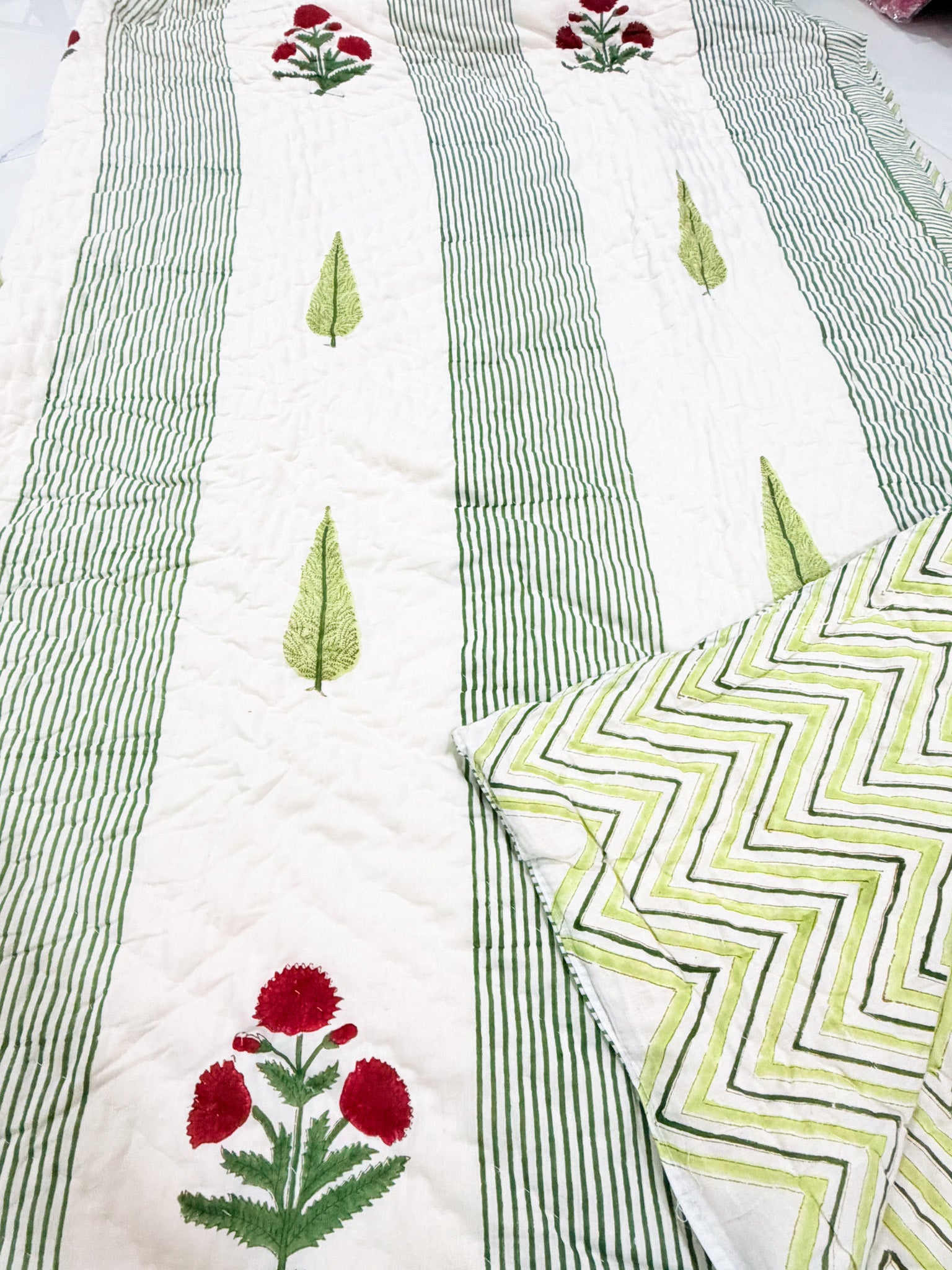 ORA Living Red Poppy Stripe Handblock Reversible Pure Mulmul Cotton Quilt reversible print detail