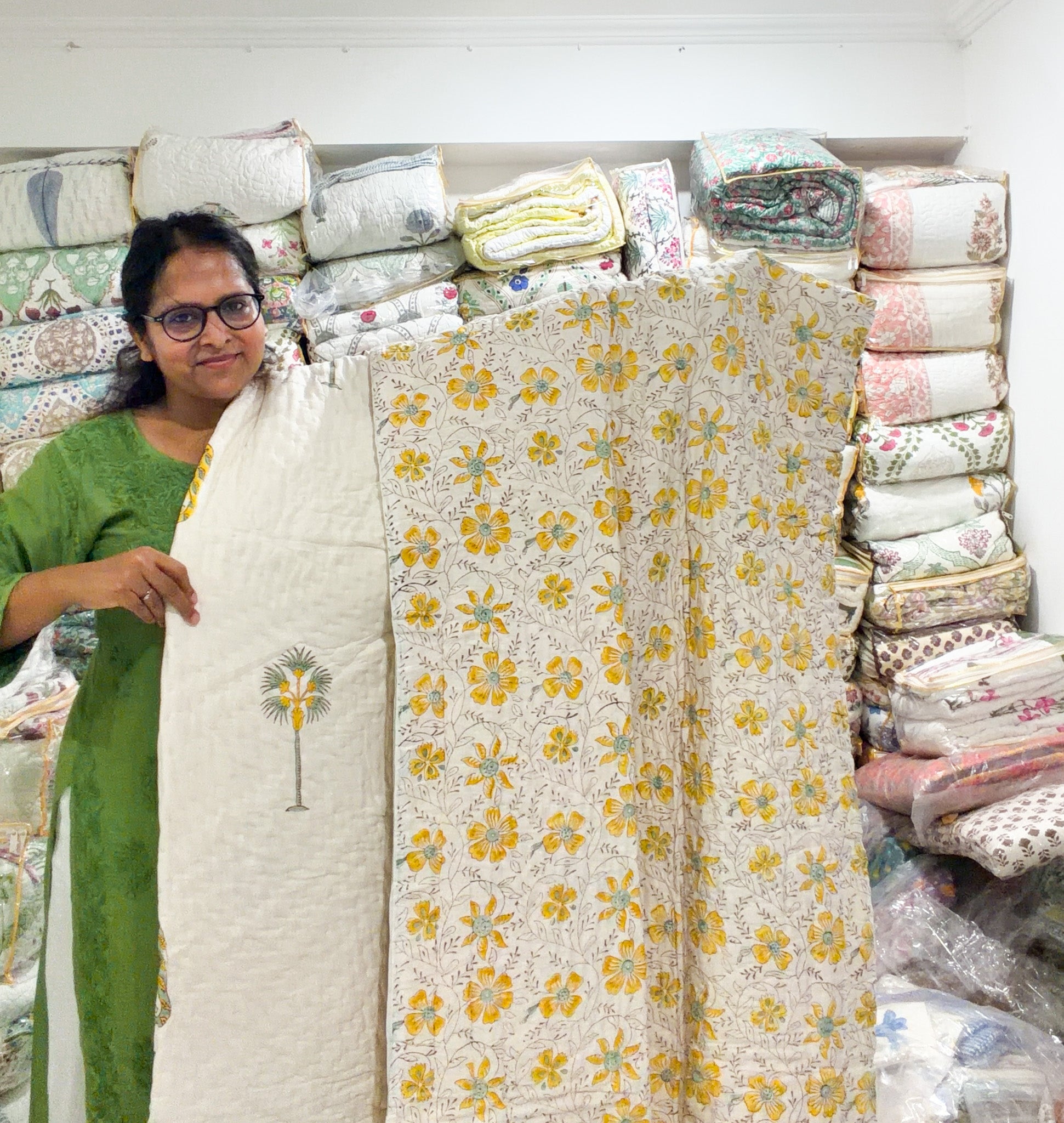 ORA Living Yellow Elephant Palm Handblock Reversible Pure Mulmul Cotton Quilt shown with both printed sides