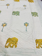 ORA Living Yellow Elephant Palm Handblock Reversible Pure Mulmul Cotton Quilt floral or motif detail