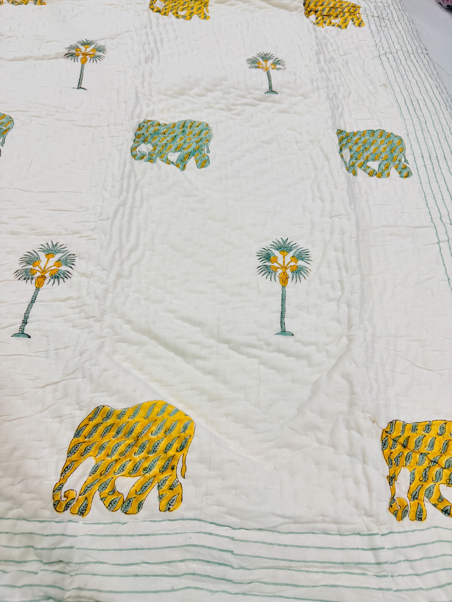 ORA Living Yellow Elephant Palm Handblock Reversible Pure Mulmul Cotton Quilt floral or motif detail