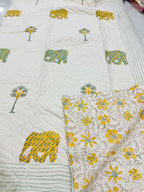 ORA Living Yellow Elephant Palm Handblock Reversible Pure Mulmul Cotton Quilt reversible print detail