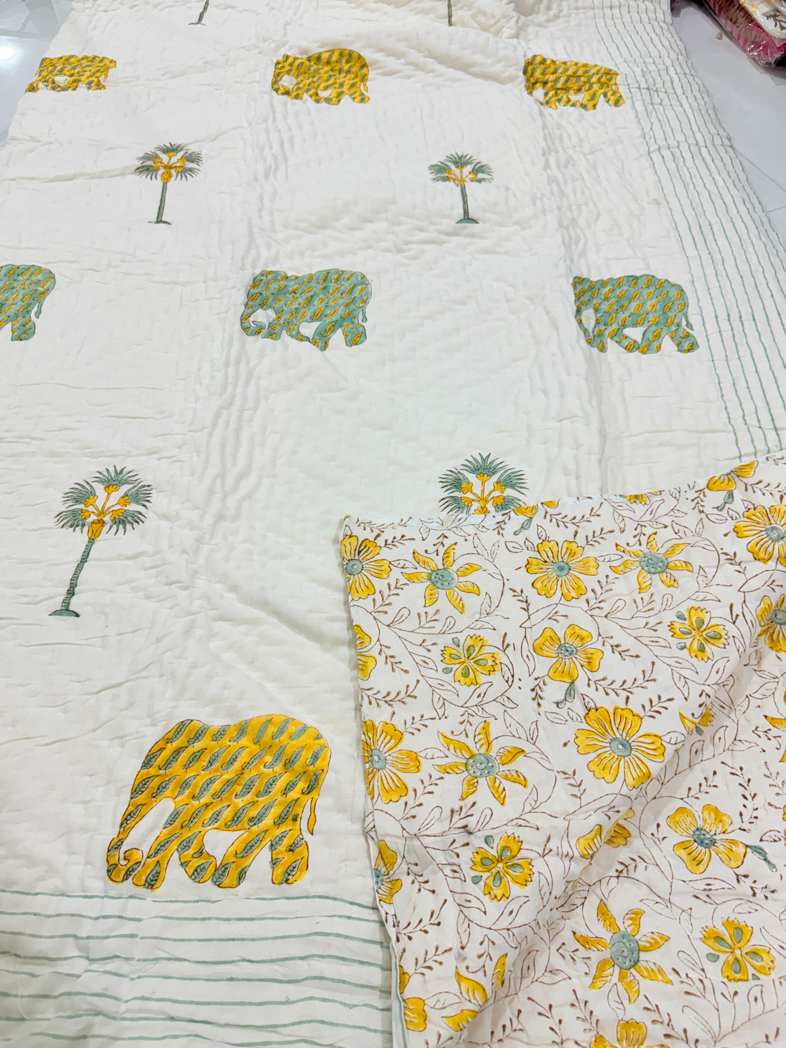 ORA Living Yellow Elephant Palm Handblock Reversible Pure Mulmul Cotton Quilt reversible print detail