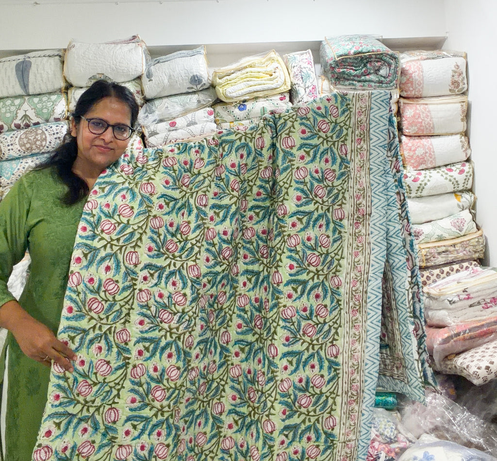 ORA Living Green Anar Handblock Reversible Pure Mulmul Cotton Quilt shown with both printed sides