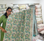 ORA Living Green Anar Handblock Reversible Pure Mulmul Cotton Quilt shown with both printed sides