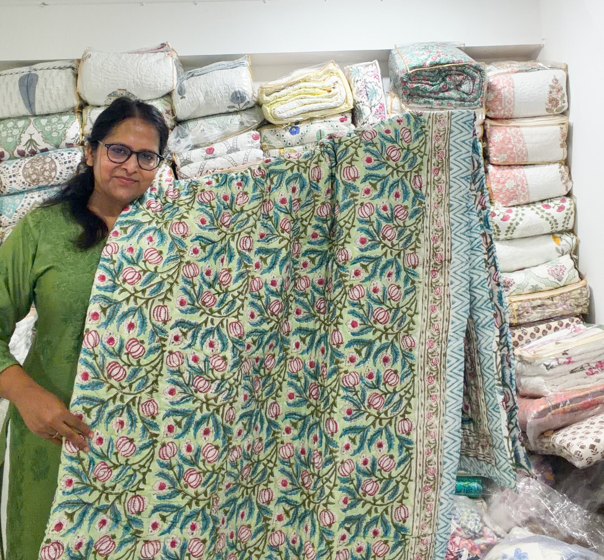 ORA Living Green Anar Handblock Reversible Pure Mulmul Cotton Quilt shown with both printed sides