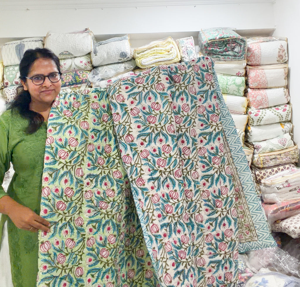 ORA Living Green Anar Handblock Reversible Pure Mulmul Cotton Quilt floral or motif detail