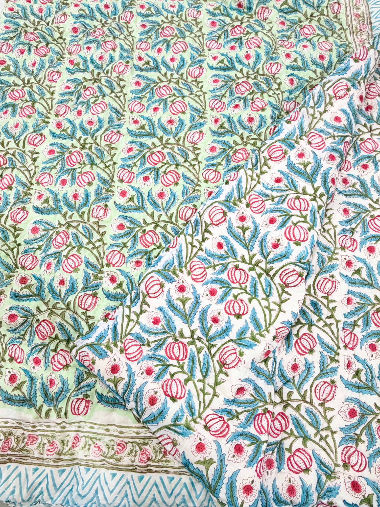 ORA Living Green Anar Handblock Reversible Pure Mulmul Cotton Quilt reversible print detail