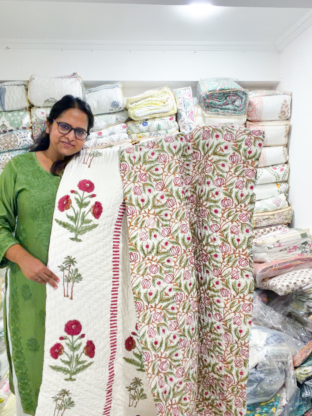 ORA Living Maroon Poppy Palm Handblock Reversible Pure Mulmul Cotton Quilt shown with both printed sides