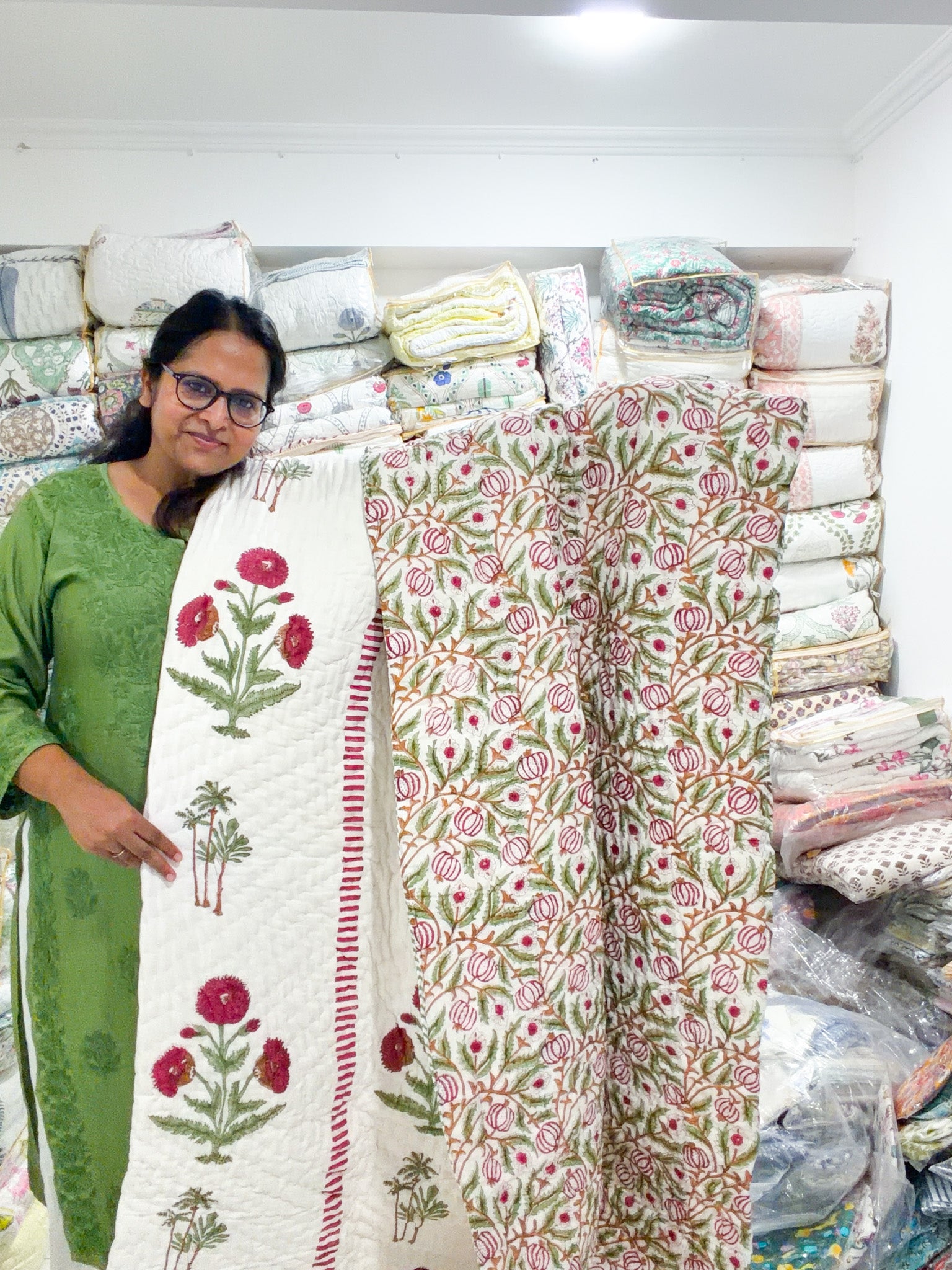 ORA Living Maroon Poppy Palm Handblock Reversible Pure Mulmul Cotton Quilt shown with both printed sides