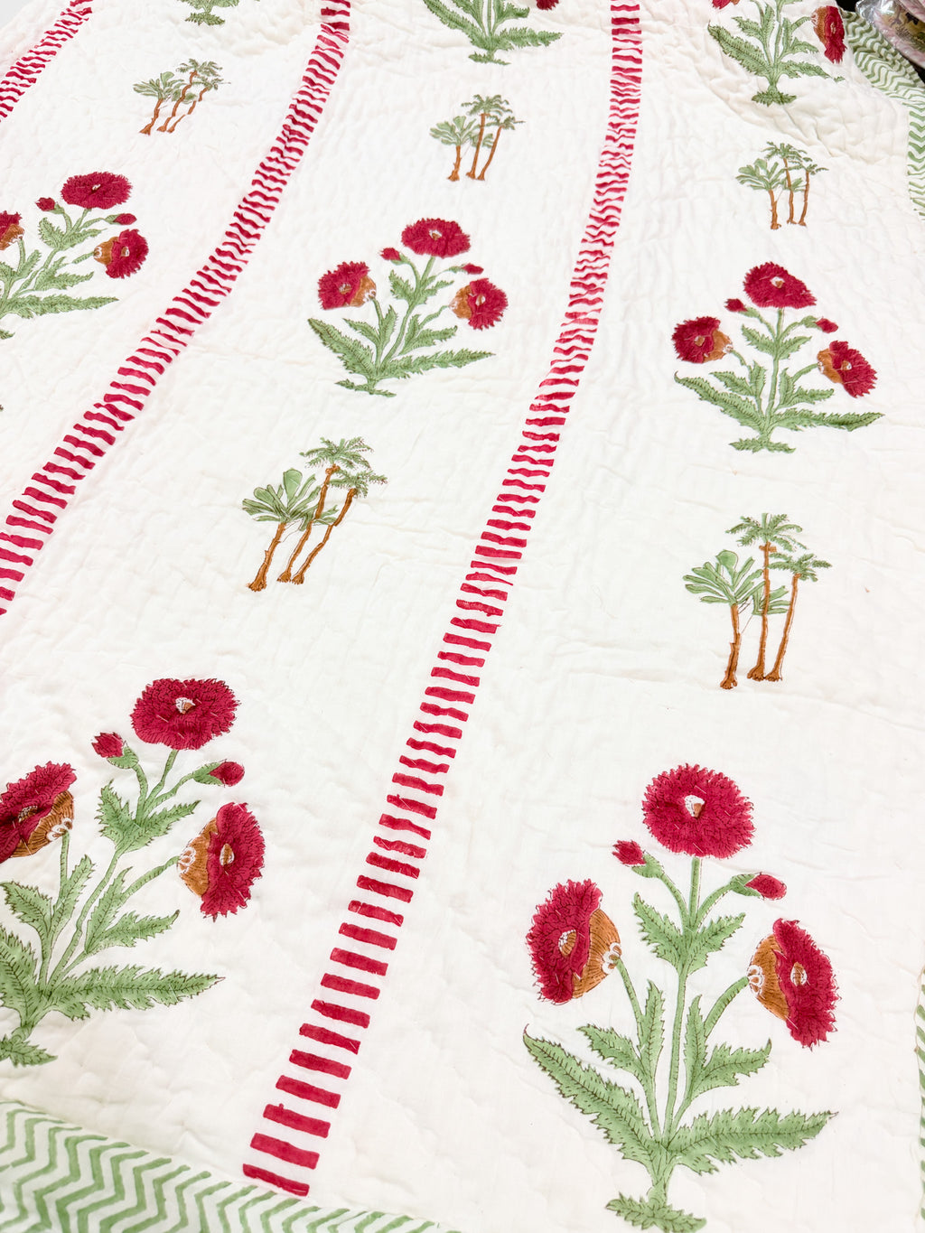 ORA Living Maroon Poppy Palm Handblock Reversible Pure Mulmul Cotton Quilt floral or motif detail