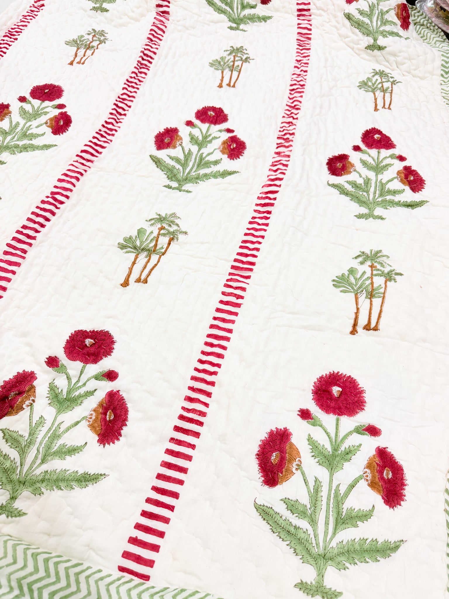 ORA Living Maroon Poppy Palm Handblock Reversible Pure Mulmul Cotton Quilt floral or motif detail