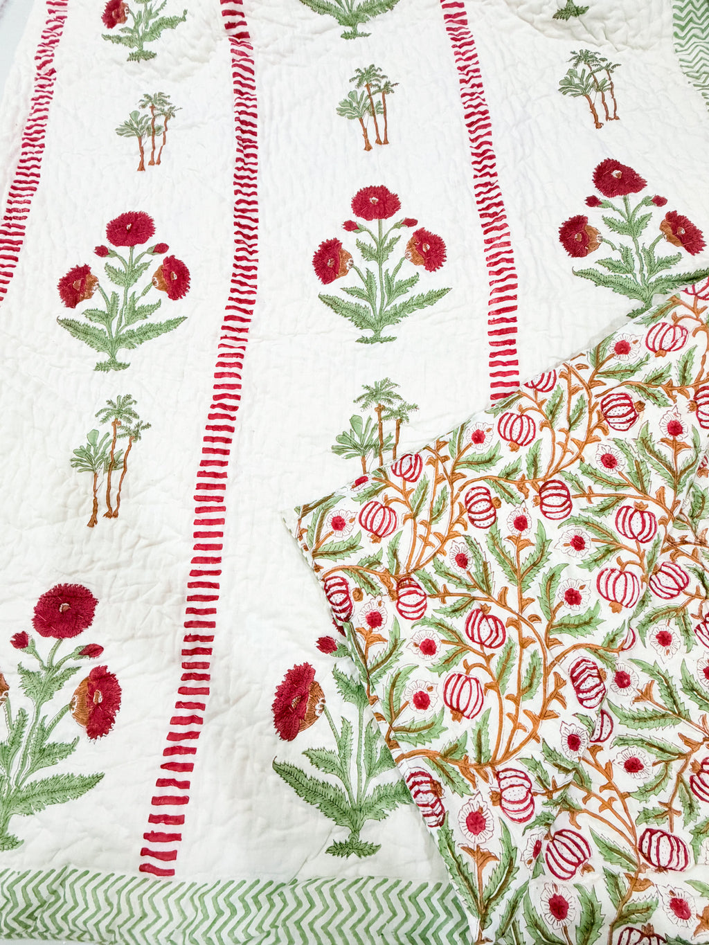 ORA Living Maroon Poppy Palm Handblock Reversible Pure Mulmul Cotton Quilt reversible print detail