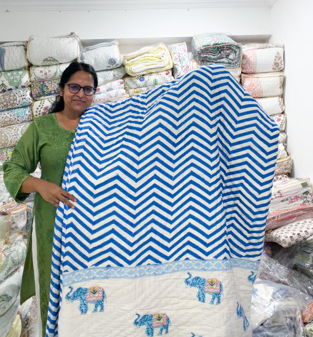 ORA Living Blue Chevron Elephant hand block printed reversible Pure Mulmul Cotton Quilt shown full size