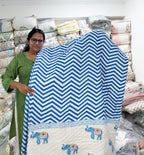 ORA Living Blue Chevron Elephant hand block printed reversible Pure Mulmul Cotton Quilt shown full size