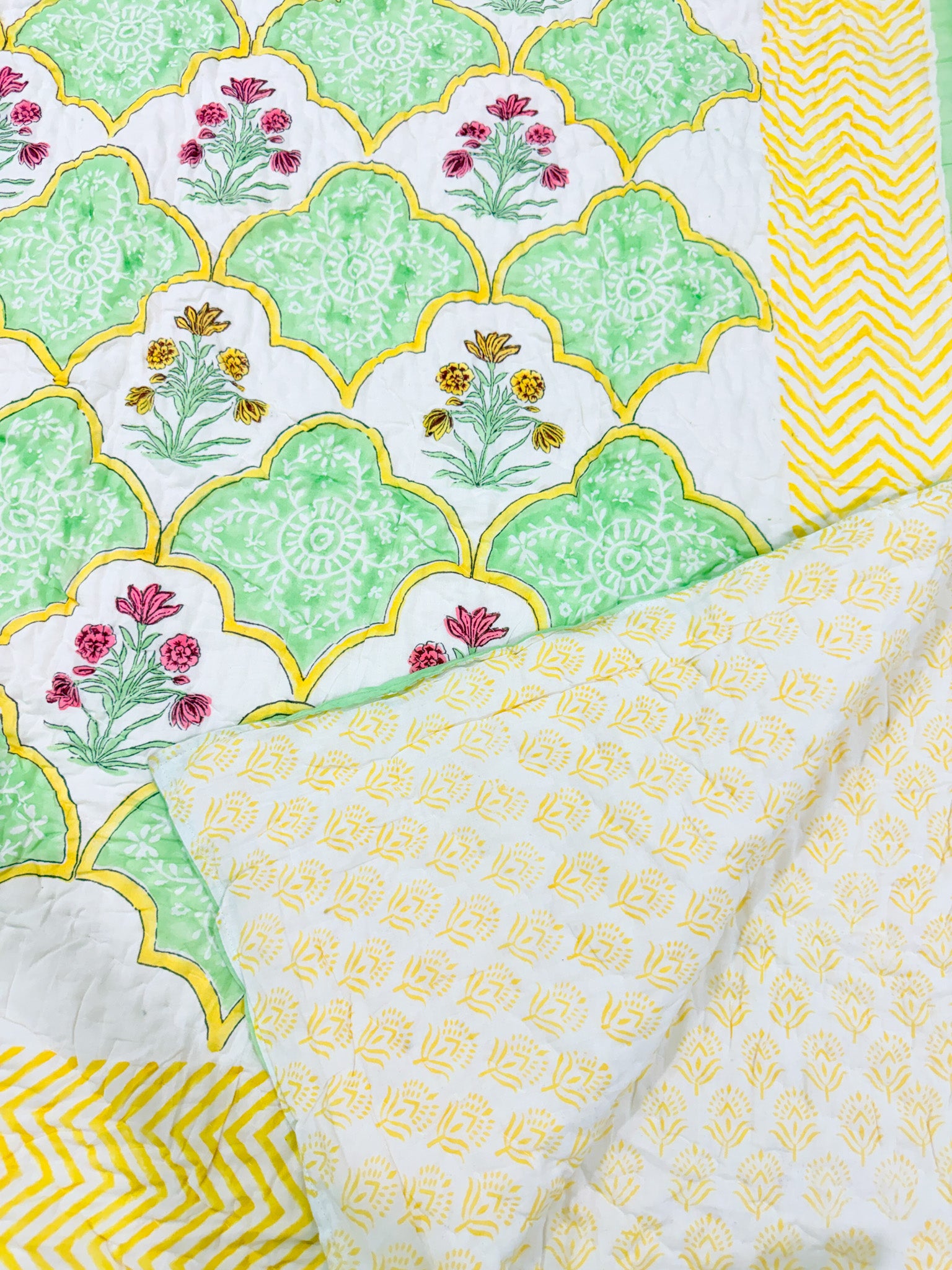 ORA Living Gardenia Floral Handblock Reversible Pure Mulmul Cotton Quilt floral or motif detail