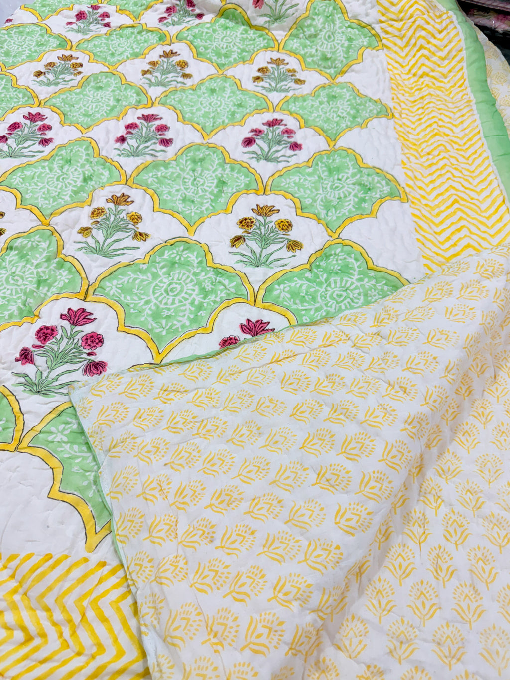 ORA Living Gardenia Floral Handblock Reversible Pure Mulmul Cotton Quilt reversible print detail
