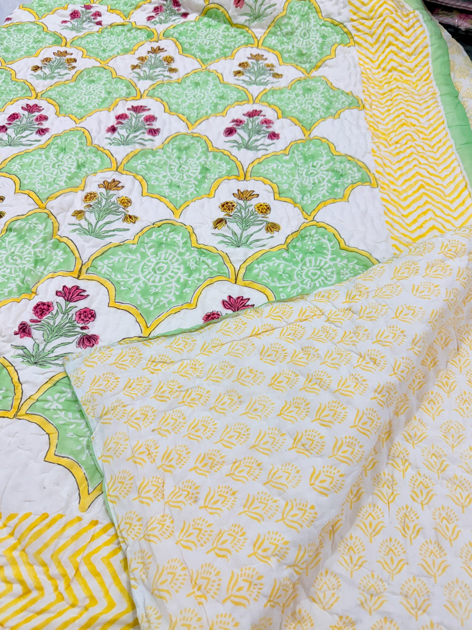ORA Living Gardenia Floral Handblock Reversible Pure Mulmul Cotton Quilt reversible print detail