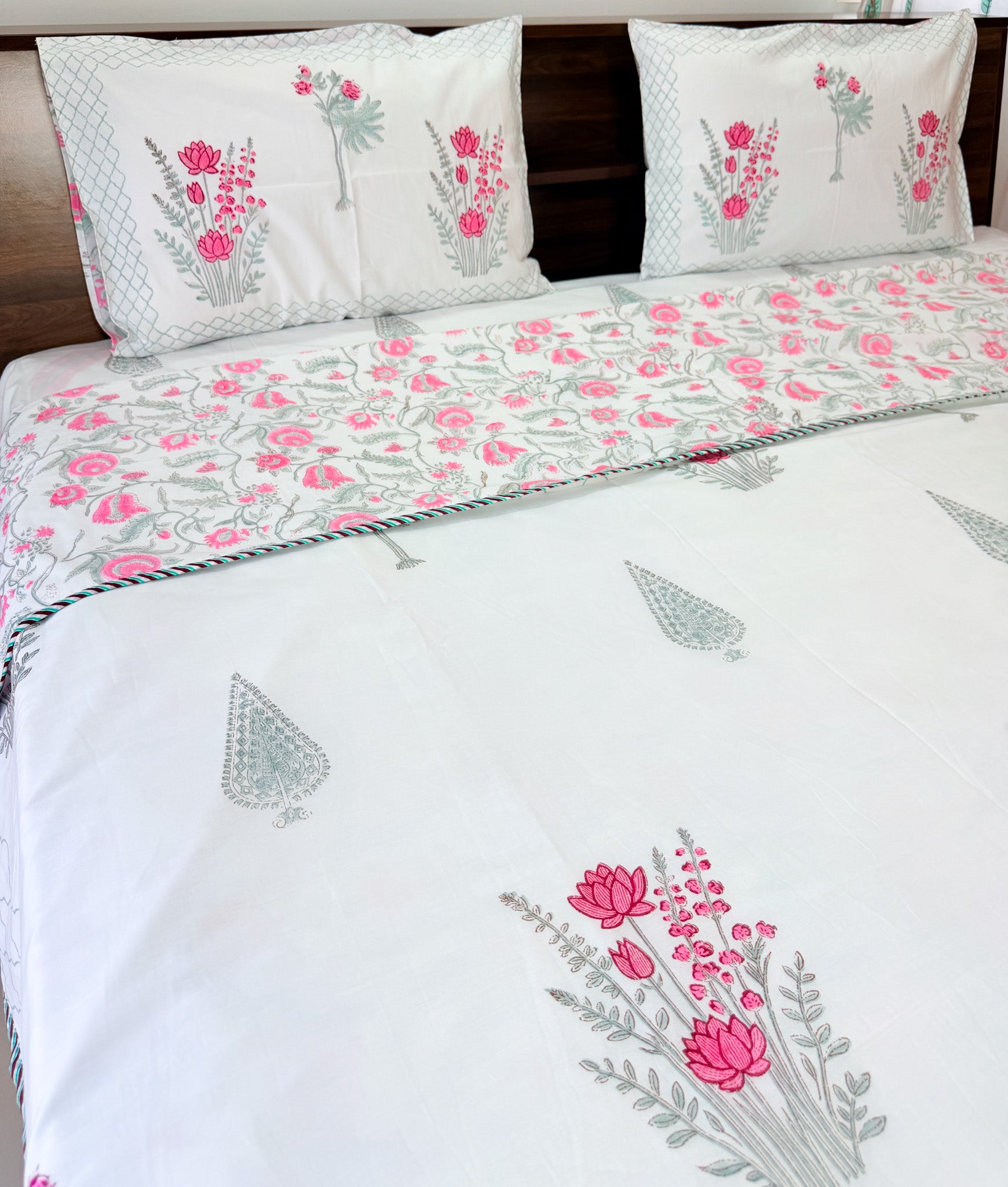 ORA Living Guldasta Handblock Reversible Pure Mulmul Cotton Dohar styled on a bed
