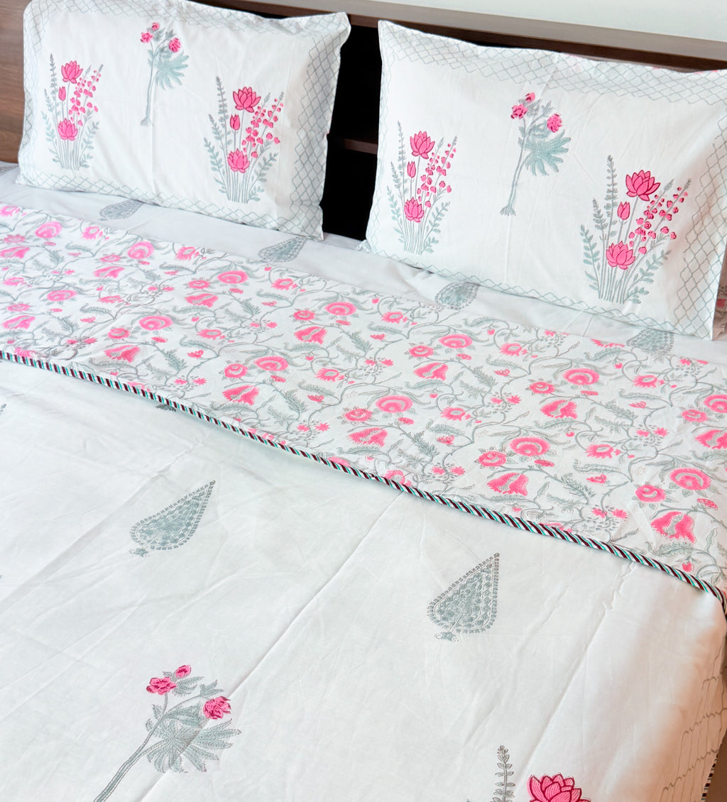 Pink floral hand block print detail of ORA Living Guldasta Handblock Reversible Pure Mulmul Cotton Dohar
