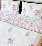 Pink floral hand block print detail of ORA Living Guldasta Handblock Reversible Pure Mulmul Cotton Dohar