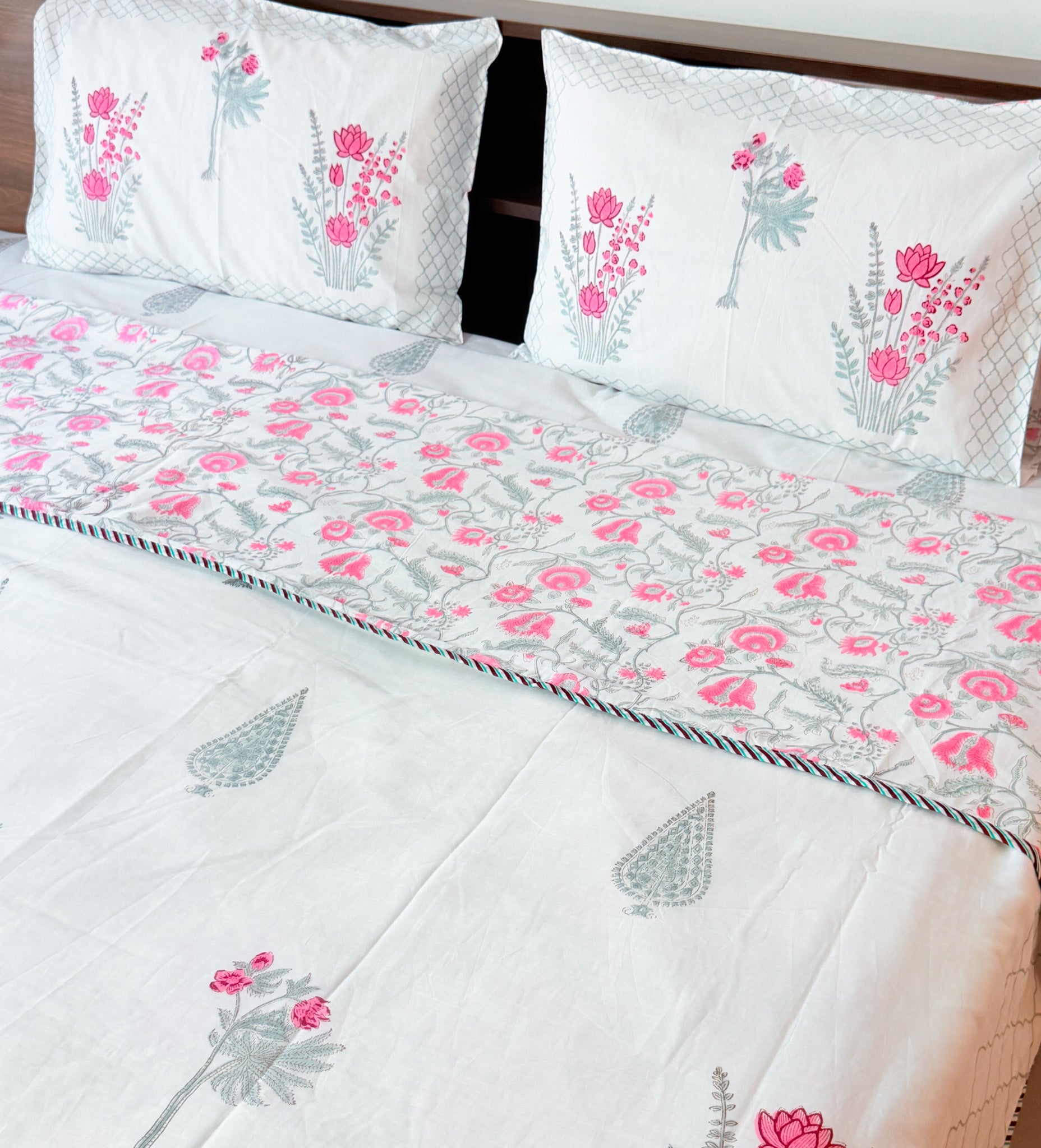Pink floral hand block print detail of ORA Living Guldasta Handblock Reversible Pure Mulmul Cotton Dohar