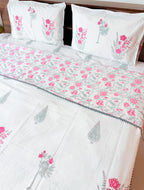 Reversible floral print view of ORA Living Guldasta Handblock Reversible Pure Mulmul Cotton Dohar