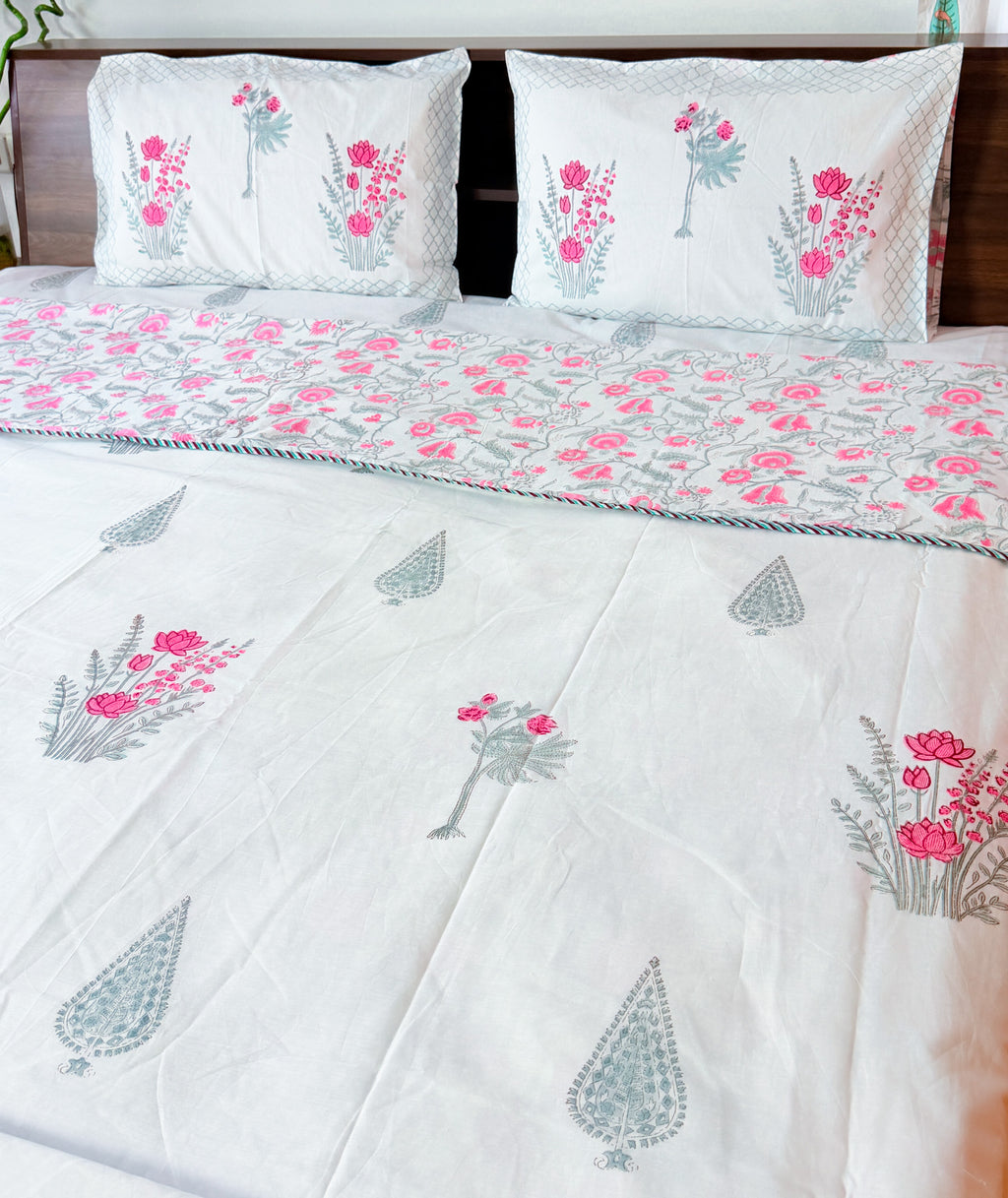 Mulmul cotton floral detail of ORA Living Guldasta Handblock Reversible Pure Mulmul Cotton Dohar