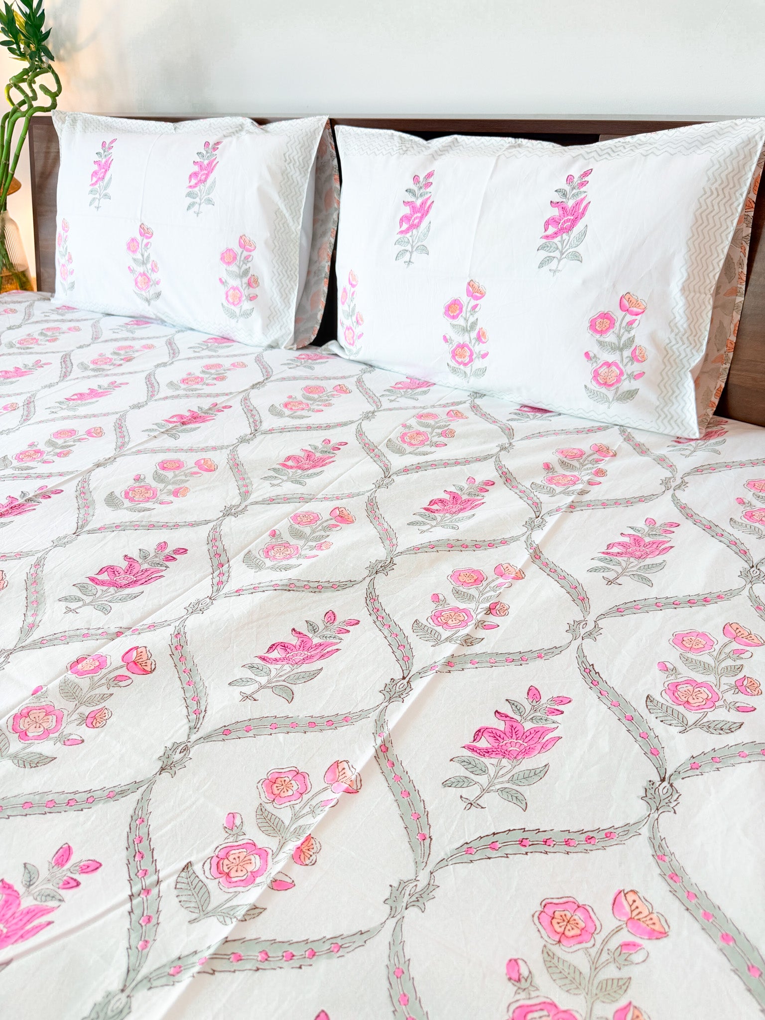 ORA Living Rose Jal Handblock Premium Cotton Bedsheet Set styled on a bed