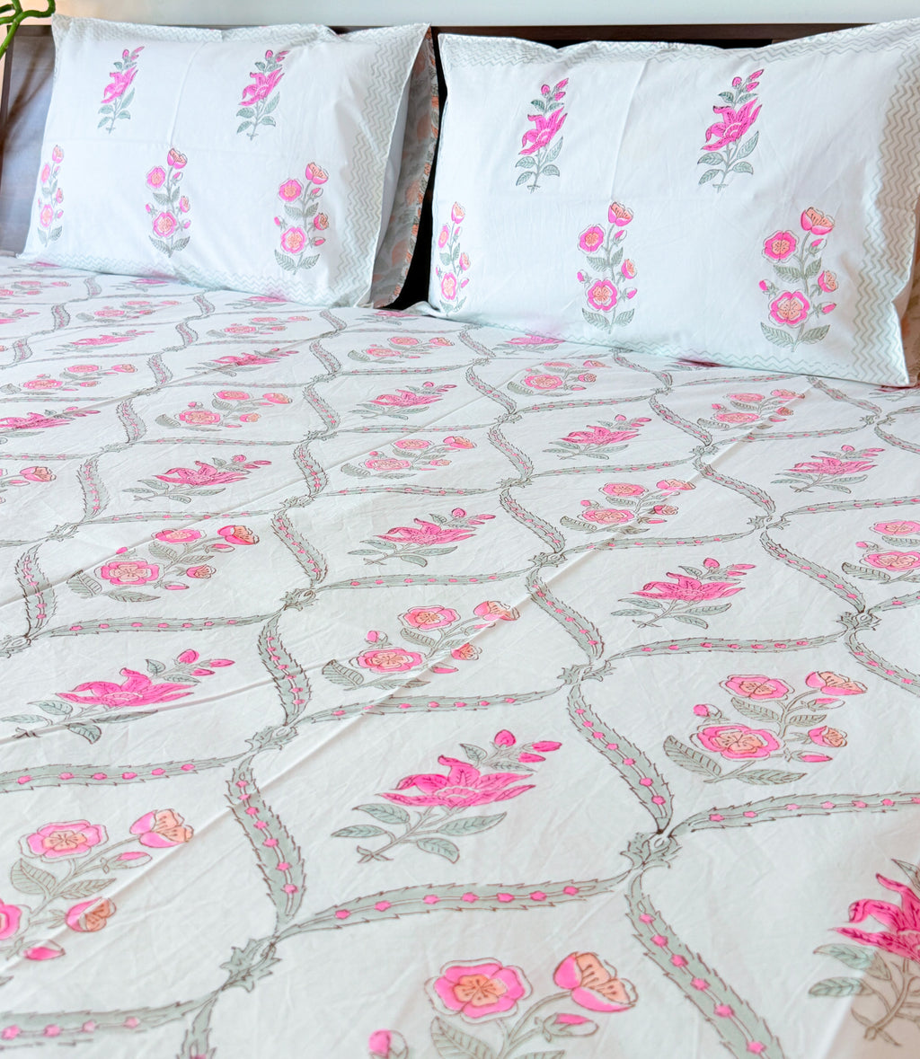 Full view of the hand block print on ORA Living Rose Jal Handblock Premium Cotton Bedsheet Set