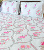 Full view of the hand block print on ORA Living Rose Jal Handblock Premium Cotton Bedsheet Set