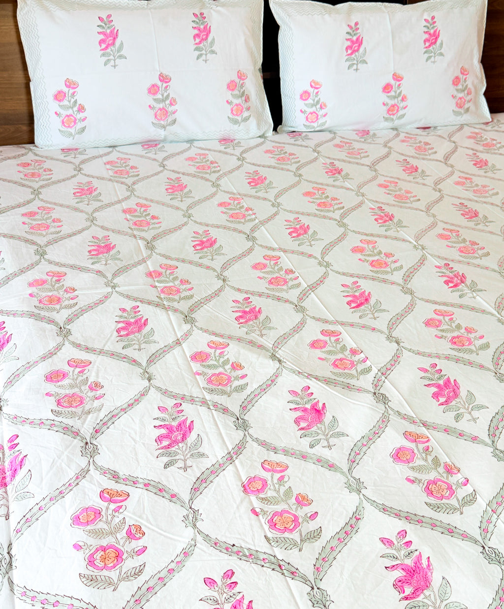 Print detail of ORA Living Rose Jal Handblock Premium Cotton Bedsheet Set