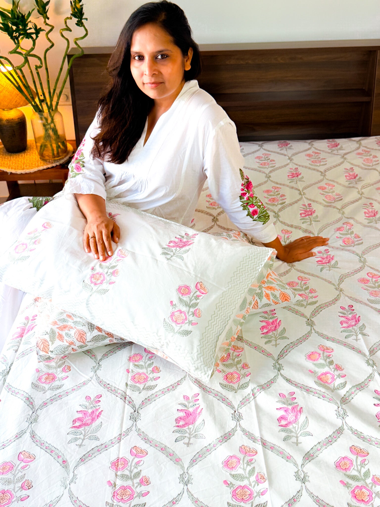 ORA Living Rose Jal Handblock Premium Cotton Bedsheet Set with matching pillow covers