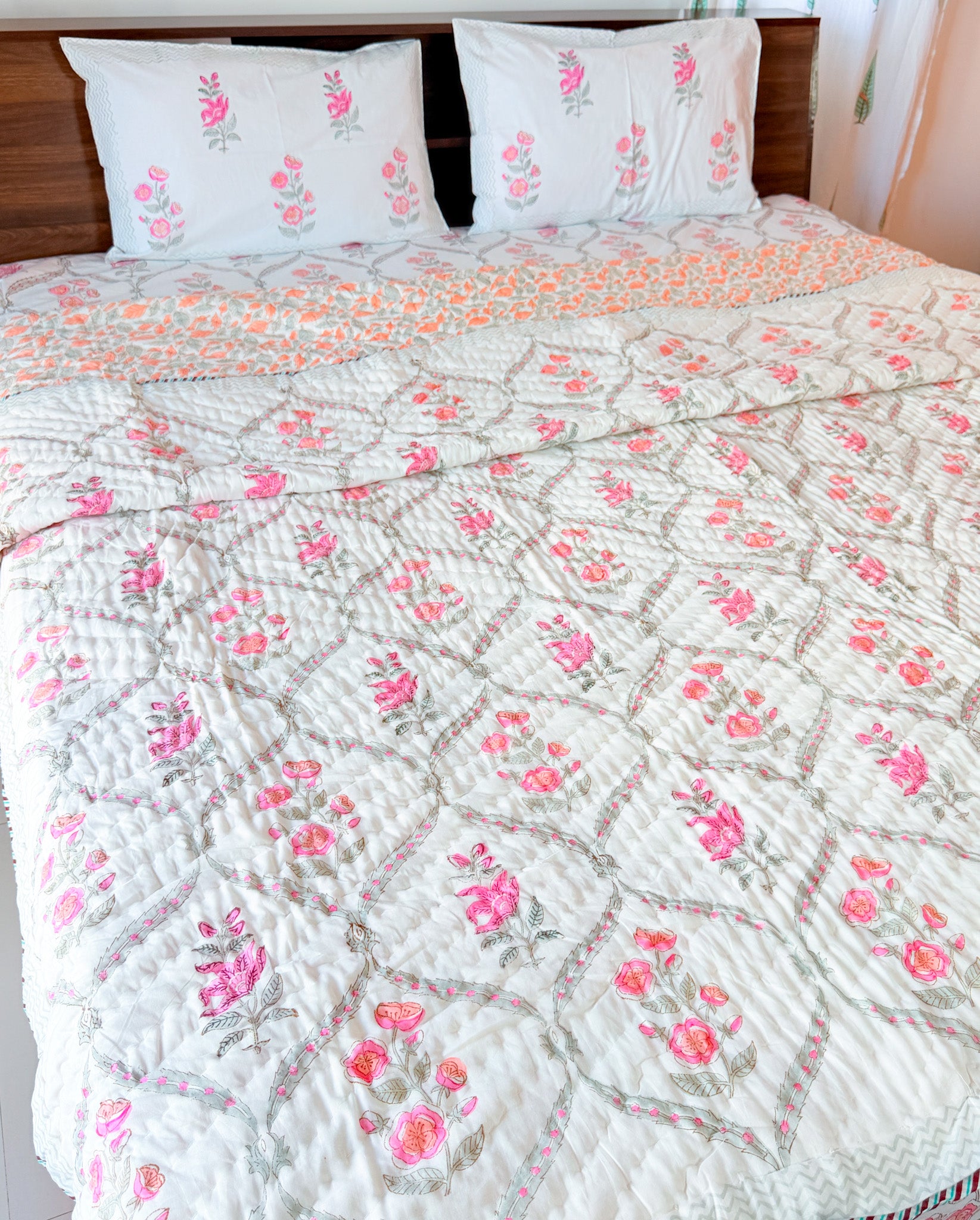 ORA Living Rose Jal Handblock Reversible Pure Mulmul Cotton Quilt floral or motif detail