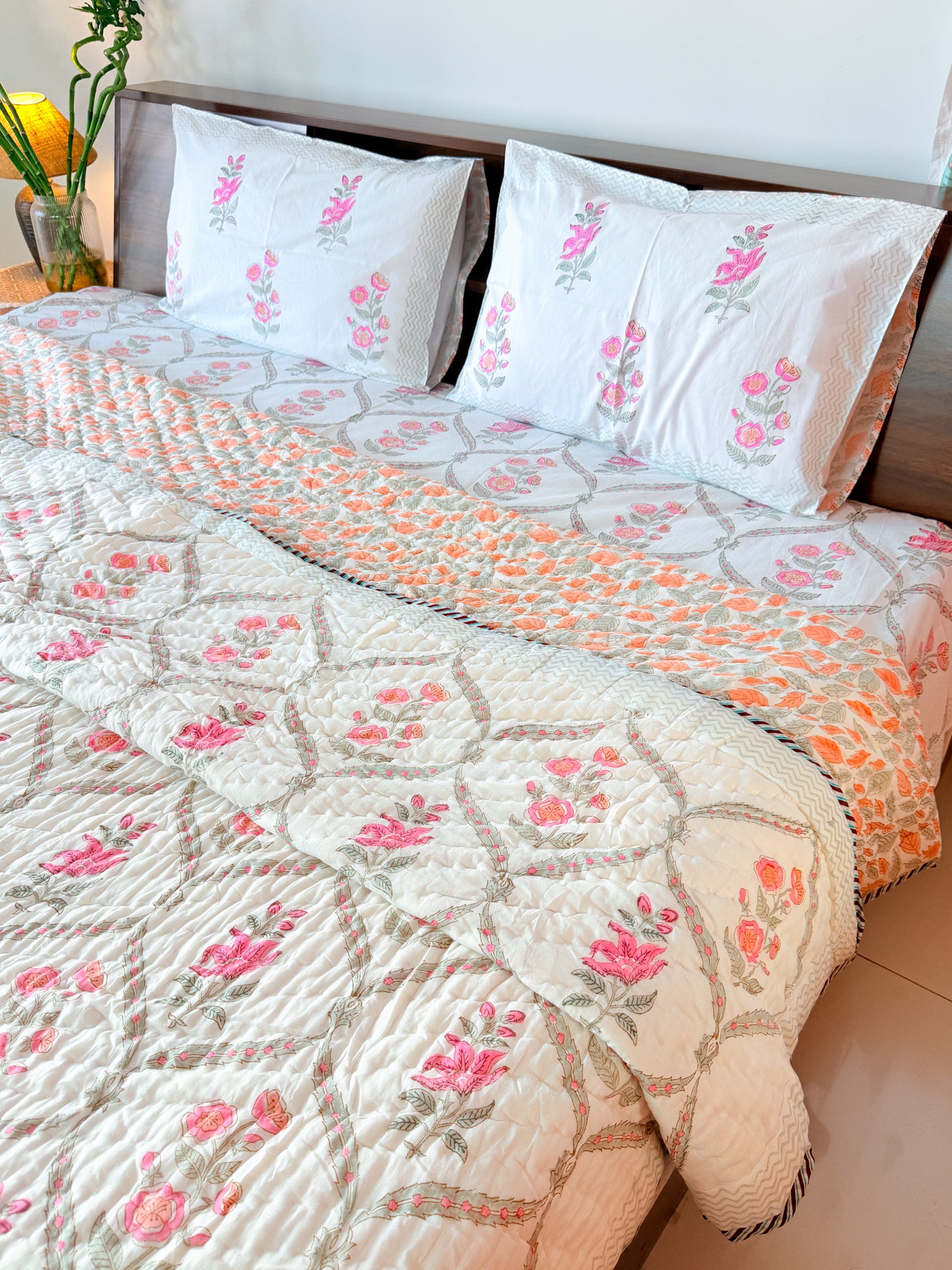 ORA Living Rose Jal Handblock Reversible Pure Mulmul Cotton Quilt reversible print detail